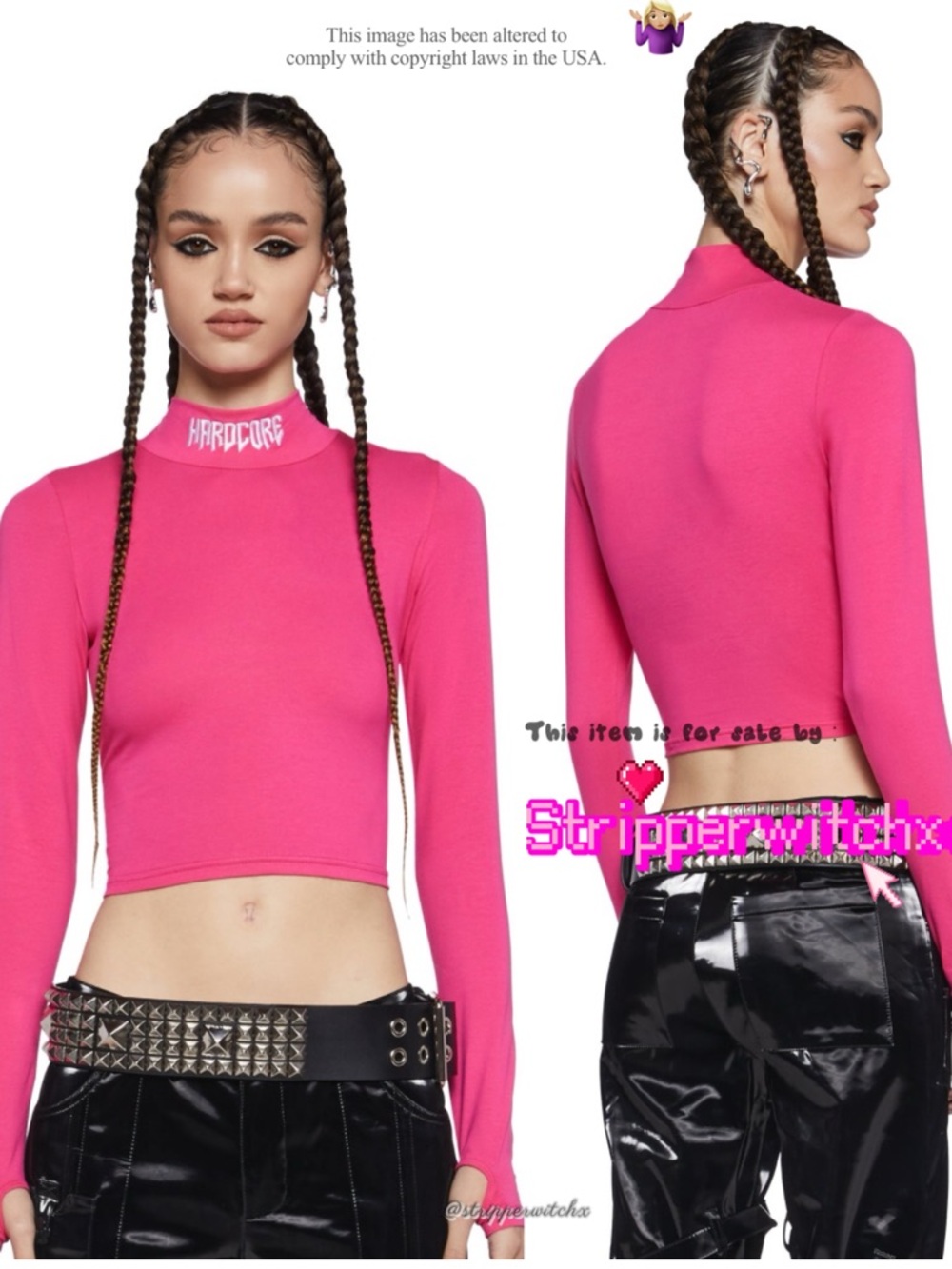 Club Exx x Dollskill : pink mock neck crop top long sleeve hardcore print S NWT